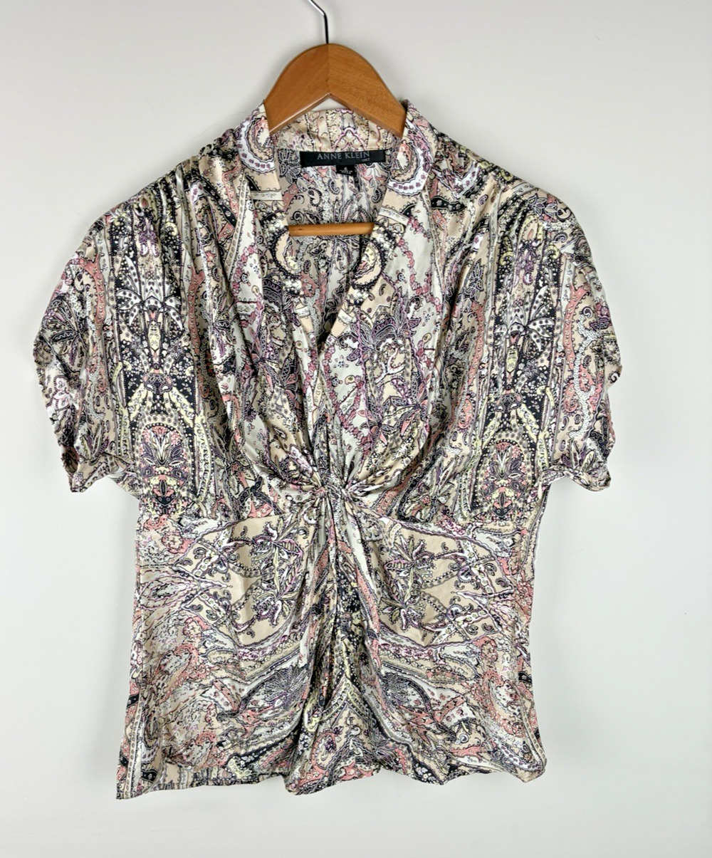 Anne Klein Women’s 6 100% Silk Paisley Boho Romantic Twist Front Blouse Y2K